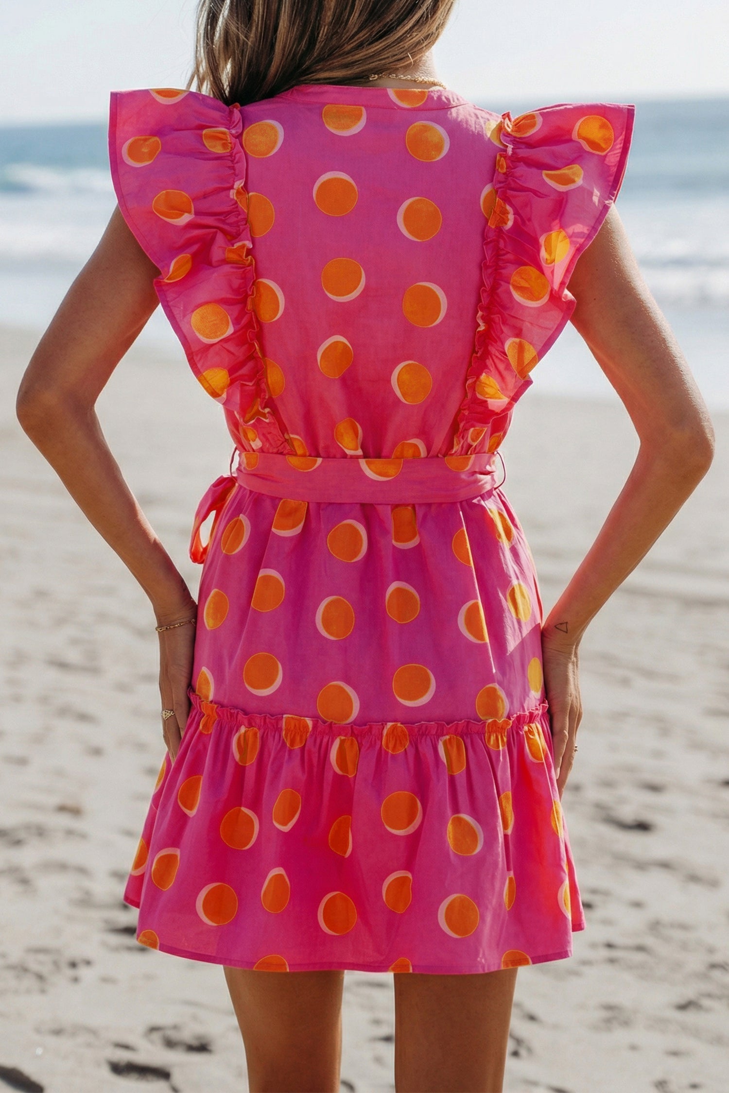 Rose Double Polka Dot V Neck Ruffled Short Sleeve Dress