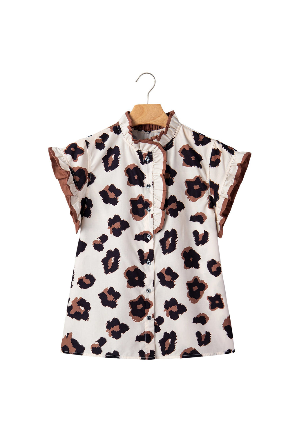 Khaki Leopard Printed Ruffle Sleeve Summer Blouse