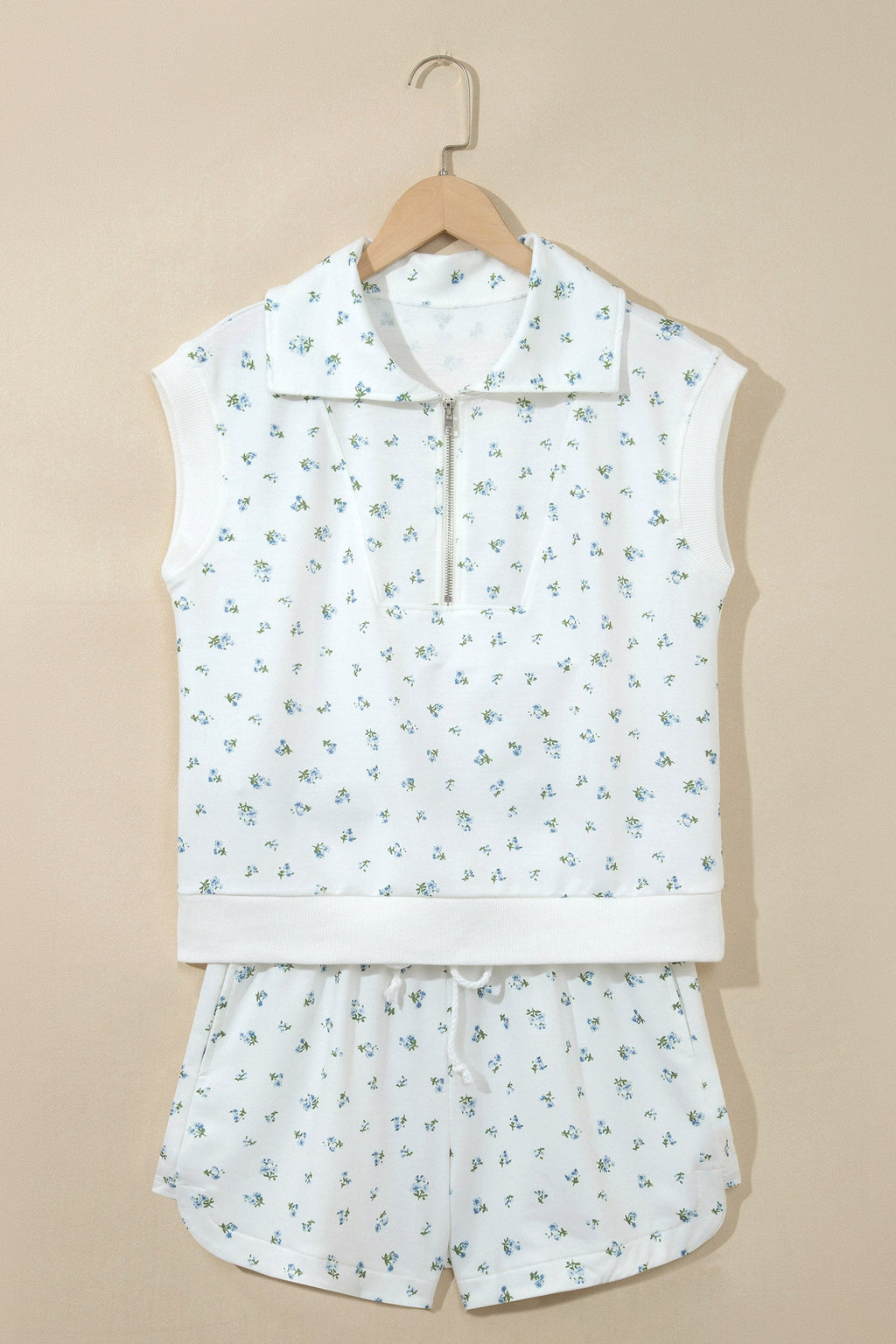 White Floral Print Half Zip Top Matching Short Set