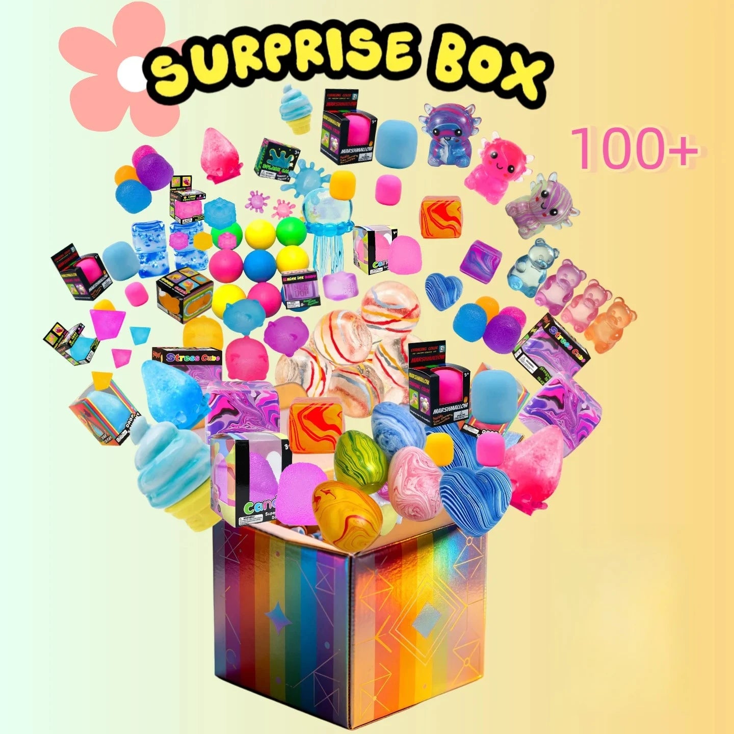 100+Pcs Surprise Box Toys Novelty Stress Relief Assorted Squishy Figures Blind Box Fun Mystery Fidget  Stress Relief Surprise