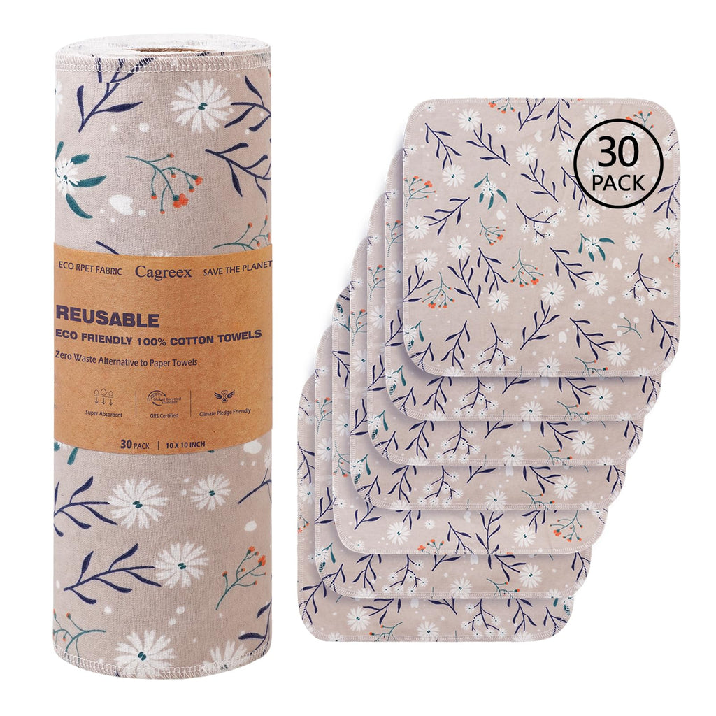 Cagreex Reusable Dishcloths Kitchen Towels Cotton: 30 Packs 10X10 Washable Roll Paperless Paper Towels Absorbent Dishcloths Set Dish Tea Towels for Kitchen Drying (30Daisy 10×10")