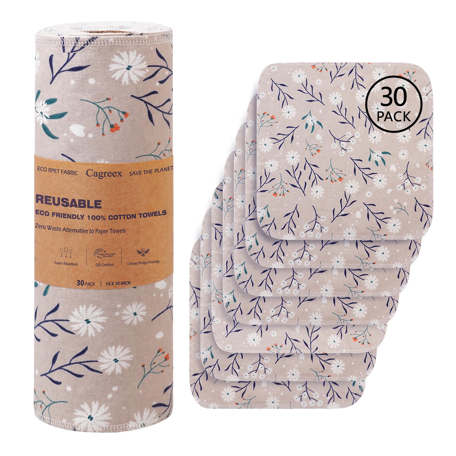 Cagreex Reusable Dishcloths Kitchen Towels Cotton: 30 Packs 10X10 Washable Roll Paperless Paper Towels Absorbent Dishcloths Set Dish Tea Towels for Kitchen Drying (30Daisy 10×10")