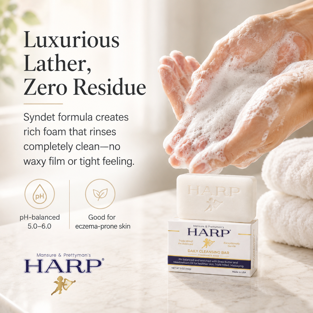 HARP® FRAGRANCE FREE Body Wash Bar – pH Balanced (5.0–6.0) Syndet Cleanser, No Lye, Non-Comedogenic, Gentle for Sensitive & Dry Skin, With Shea Butter & Borage Oil. 5oz Bars