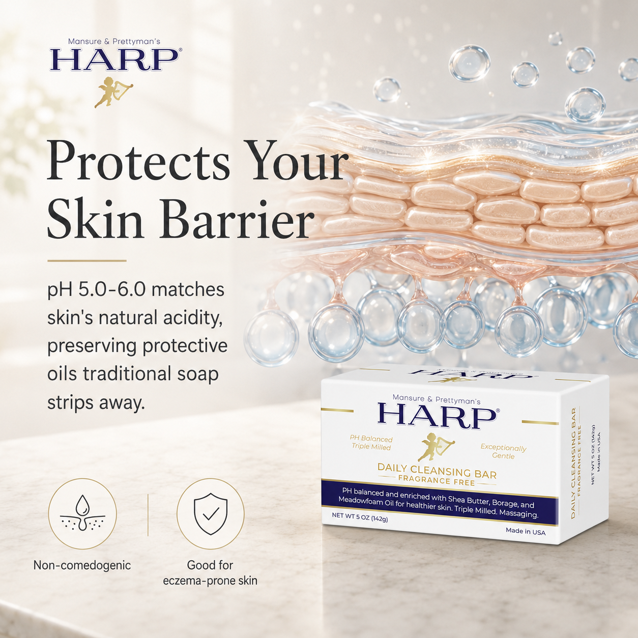 HARP® FRAGRANCE FREE Body Wash Bar – pH Balanced (5.0–6.0) Syndet Cleanser, No Lye, Non-Comedogenic, Gentle for Sensitive & Dry Skin, With Shea Butter & Borage Oil. 5oz Bars