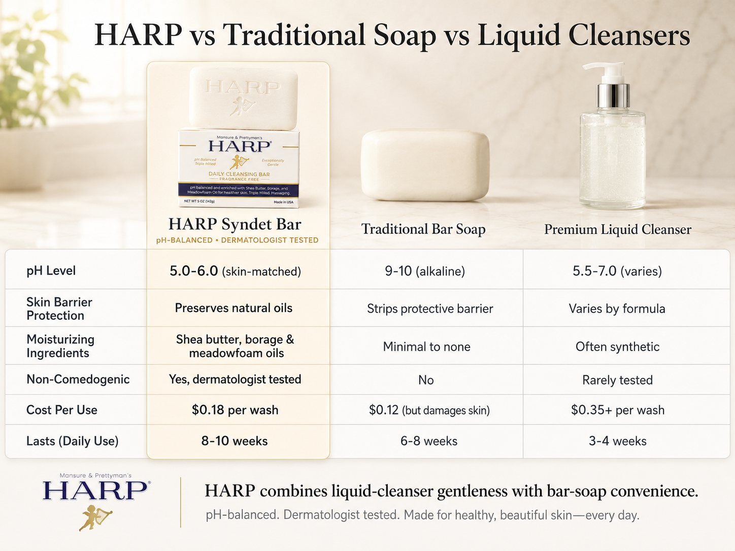 HARP® FRAGRANCE FREE Body Wash Bar – pH Balanced (5.0–6.0) Syndet Cleanser, No Lye, Non-Comedogenic, Gentle for Sensitive & Dry Skin, With Shea Butter & Borage Oil. 5oz Bars