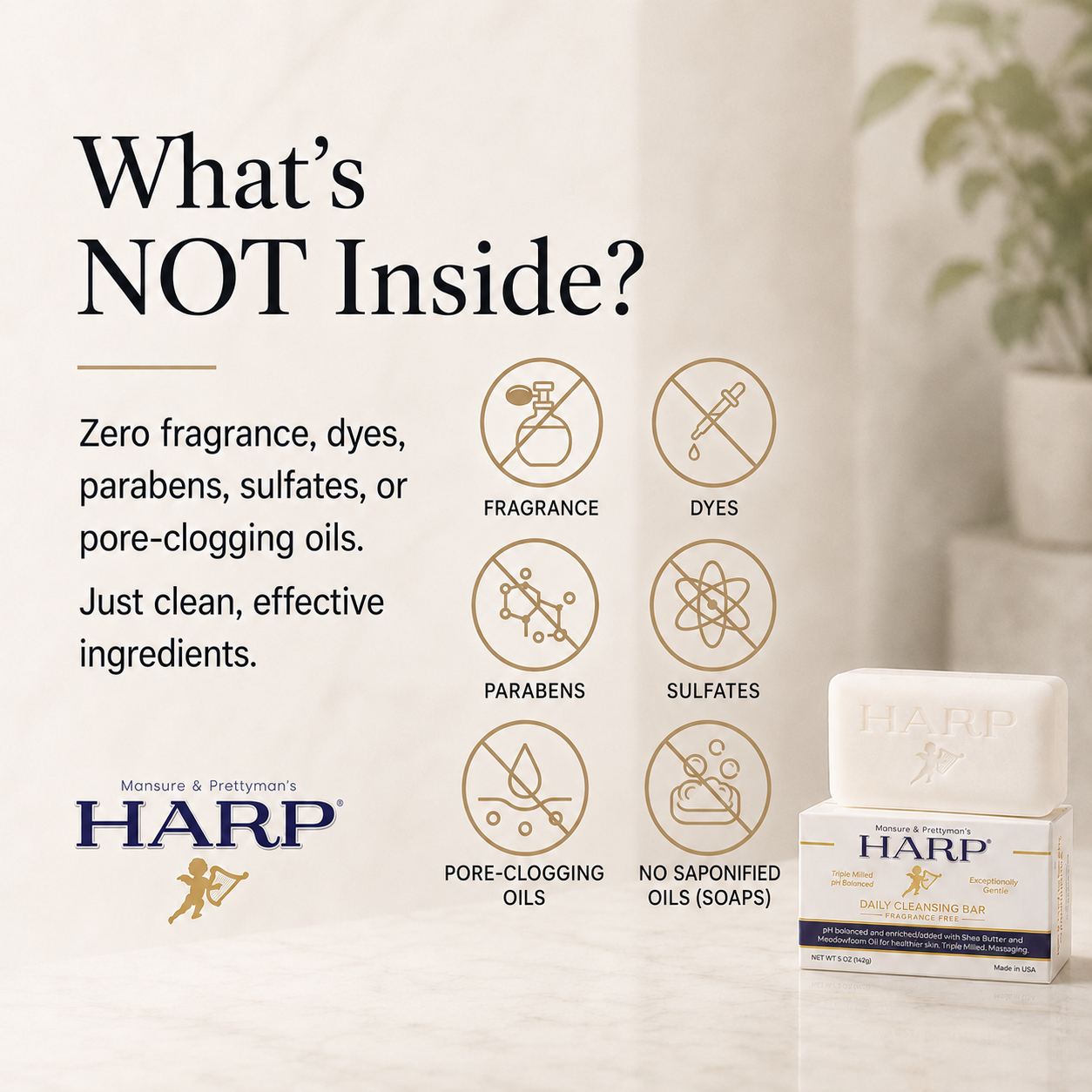HARP® FRAGRANCE FREE Body Wash Bar – pH Balanced (5.0–6.0) Syndet Cleanser, No Lye, Non-Comedogenic, Gentle for Sensitive & Dry Skin, With Shea Butter & Borage Oil. 5oz Bars