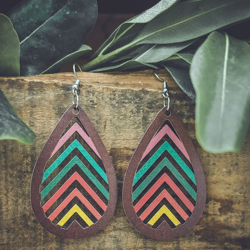 Wooden Rainbow Mountains Laser Cut Earrings