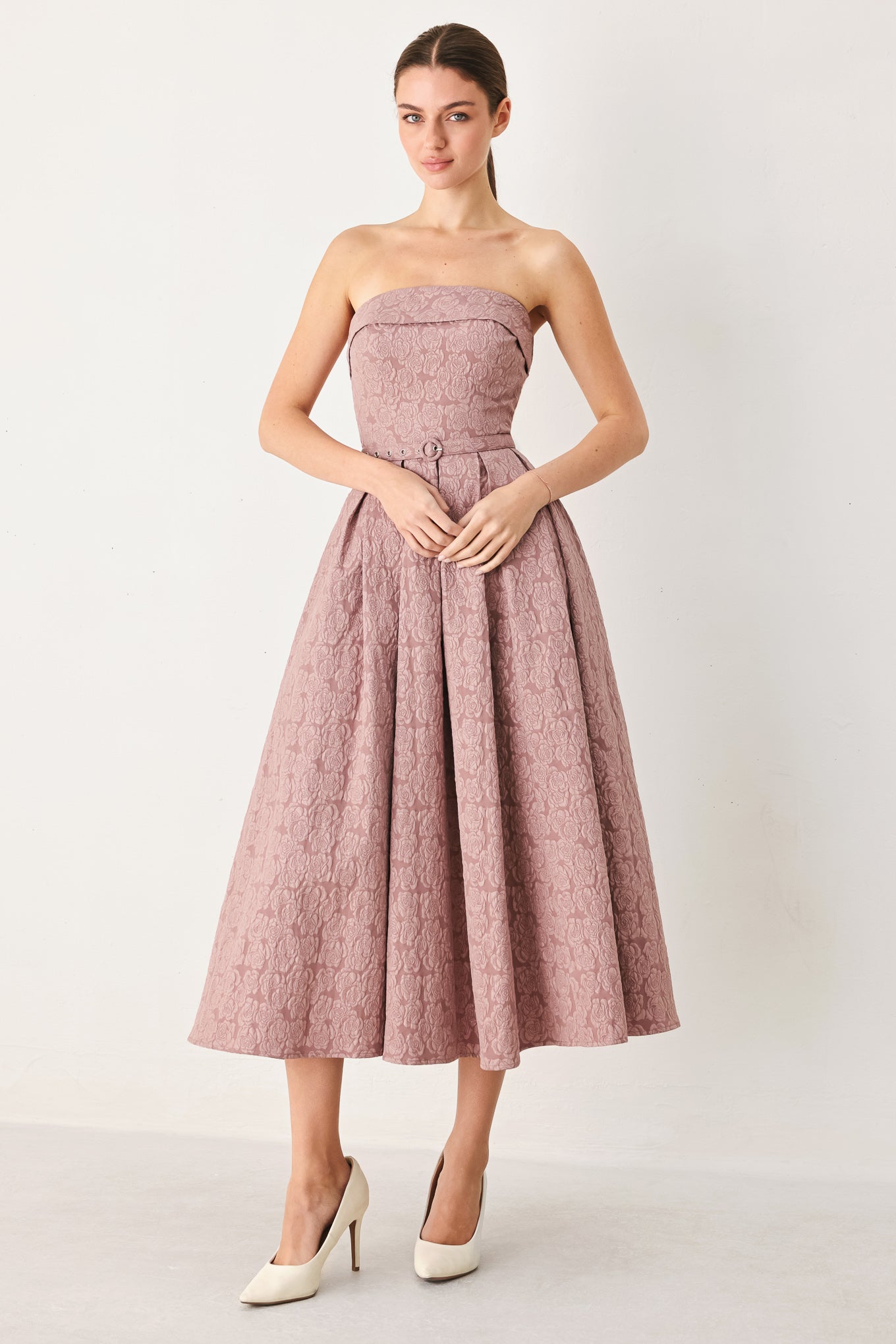 ROSETTE BANDEAU WOVEN MIDI DRESS