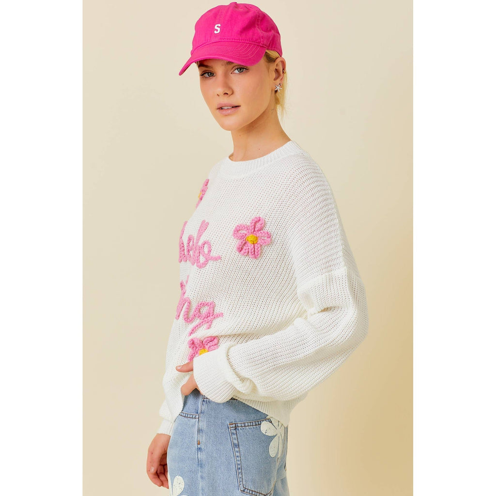 Hello Darling Flower Trim Sweater | Comfy Vintage Knit Sweatshirt [Size SM Remaining]