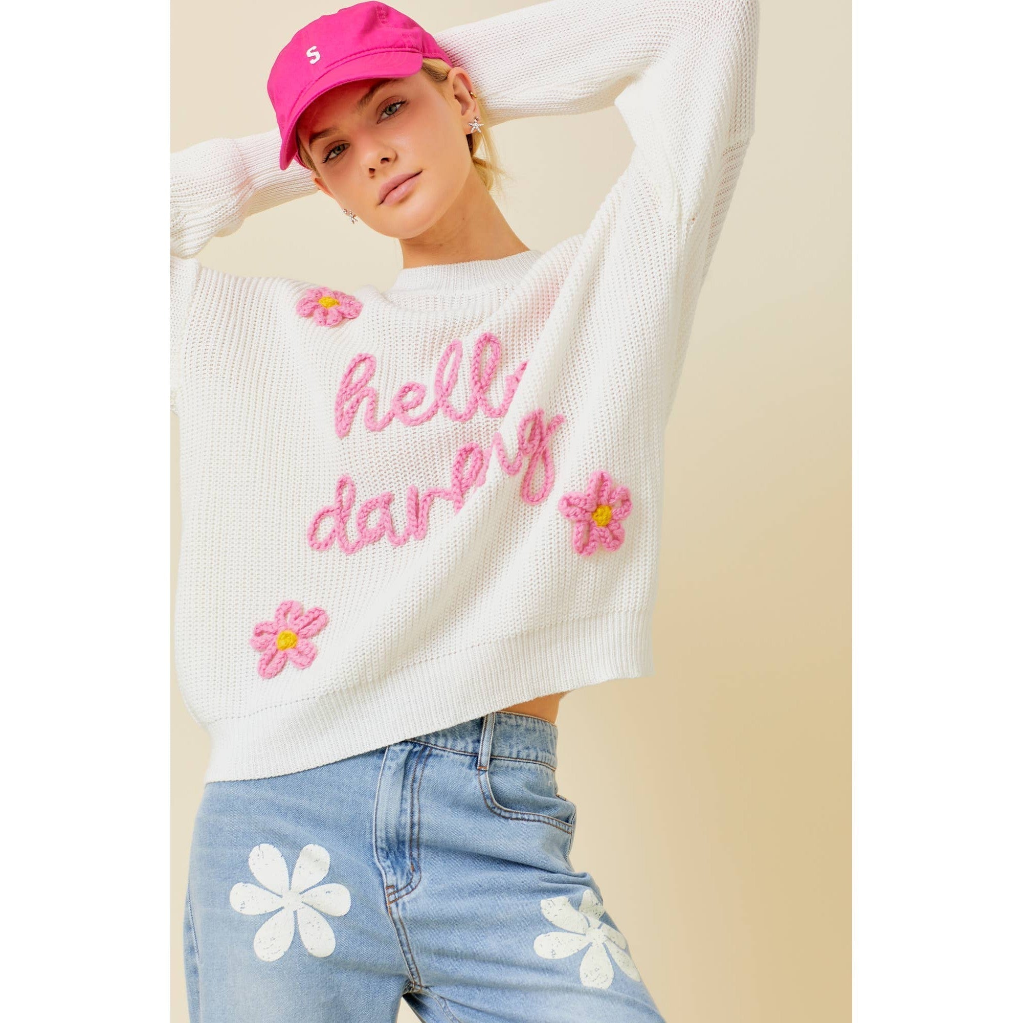 Hello Darling Flower Trim Sweater | Comfy Vintage Knit Sweatshirt [Size SM Remaining]