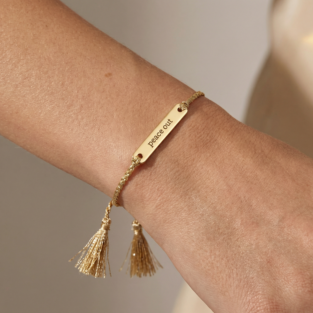 Peace Out Stamped Brass Bar Woven Thread Bracelet | In a Giftable Glass Jar with Cork Lid