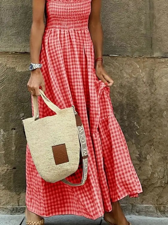 Plaid Ruffle Sleeve Maxi Dress