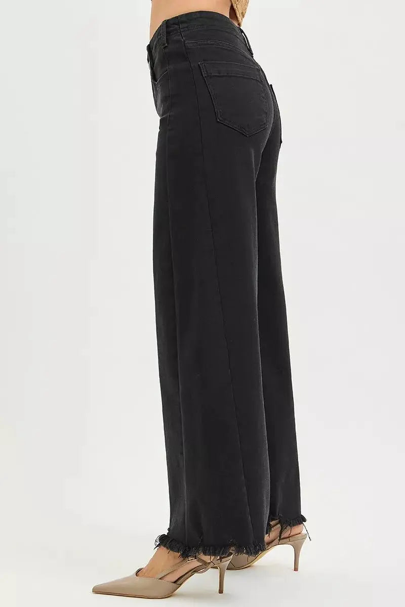 RISEN Tummy Control High Rise Palazzo Leg Frayed Hem Jeans - Stylish Tummy Control High Rise Jeans