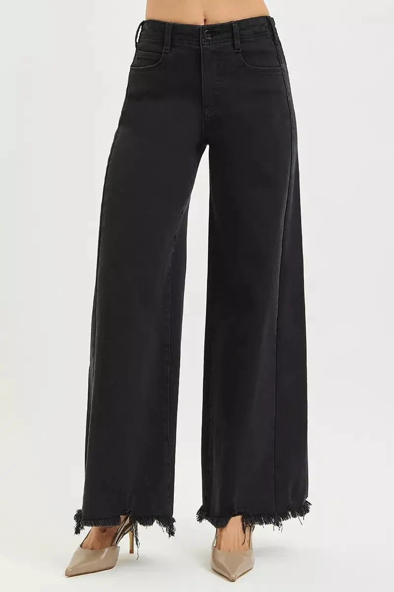 RISEN Tummy Control High Rise Palazzo Leg Frayed Hem Jeans - Stylish Tummy Control High Rise Jeans