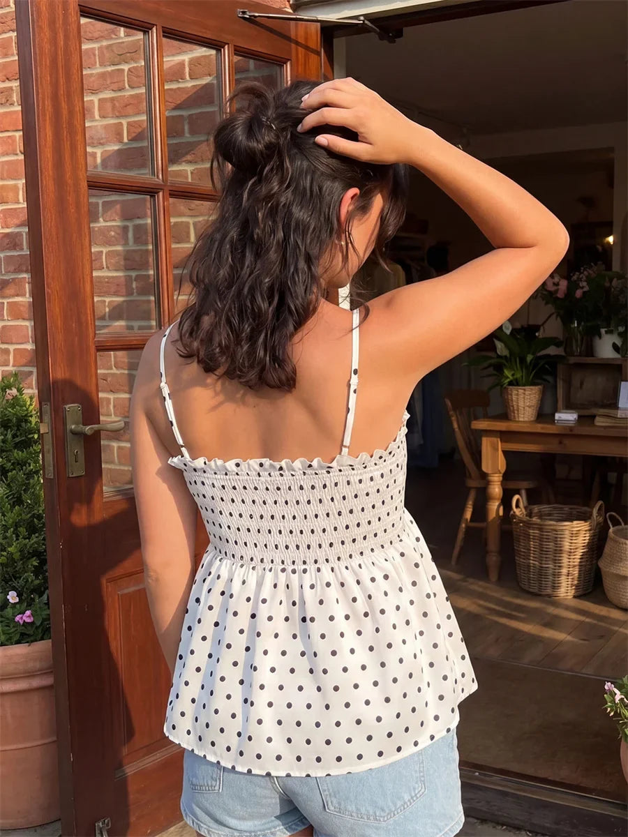 Women Summer Camisole Tops Dots Print Spaghetti Strap Bow Babydoll Vest for Party Club Daily Tank Tops