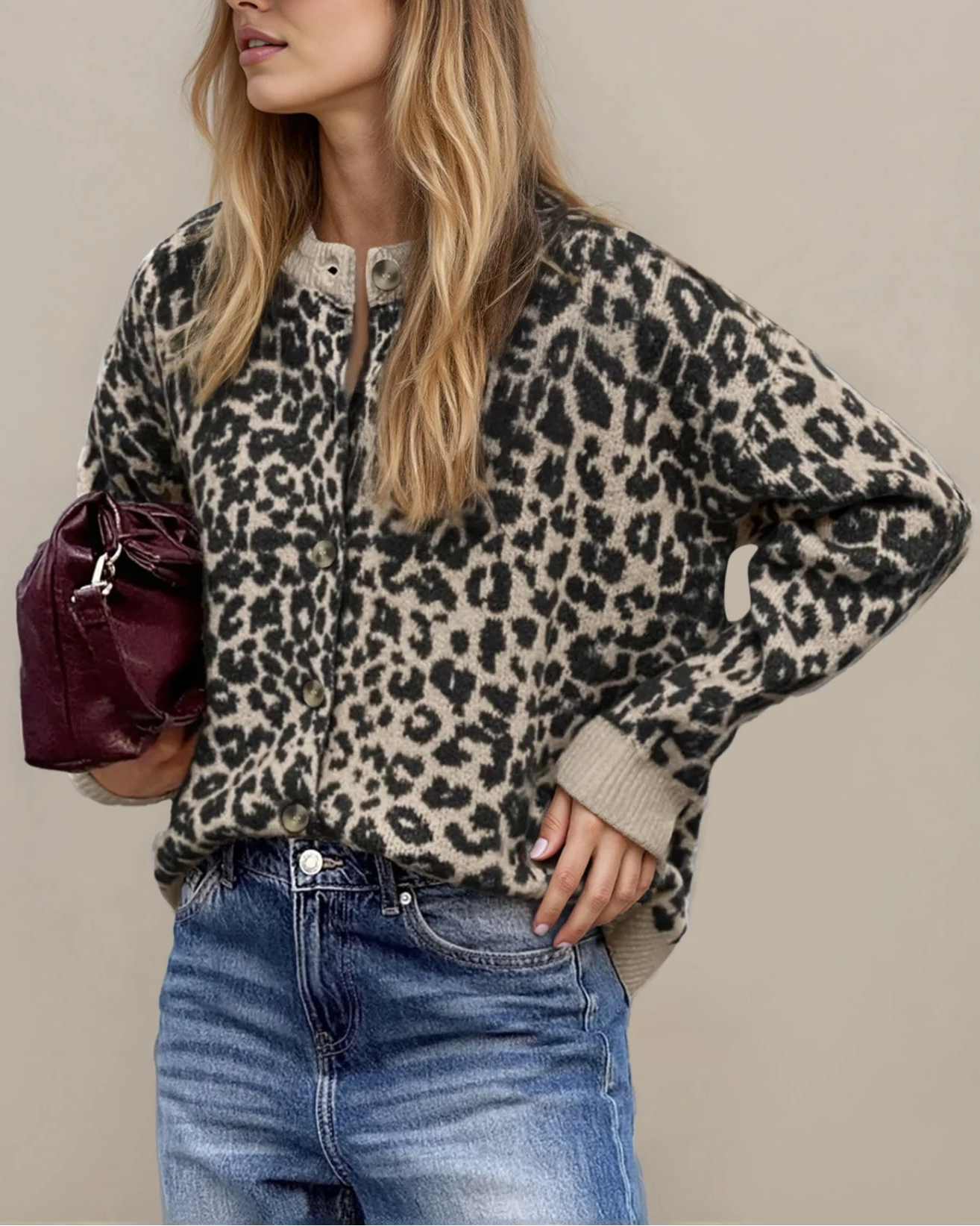 Leopard Knitted Cardigan - Black
