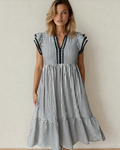 Nyla Double Ruffled Short Sleeve Contrast Trim V Neck Midi Dress - Black