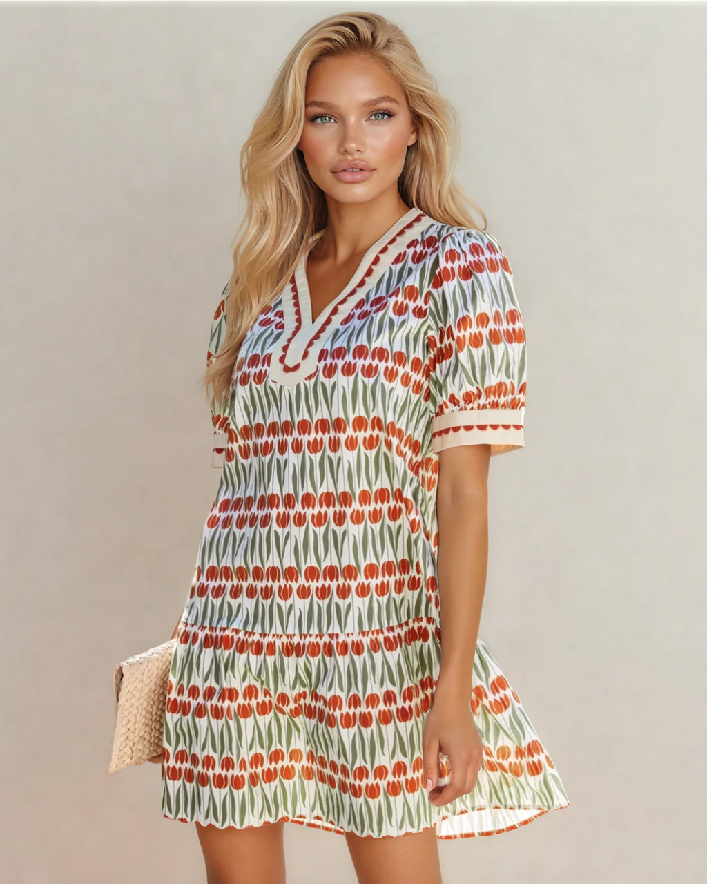 Malia Tulip Floral Print Cotton Puff Short Sleeve Mini Dress