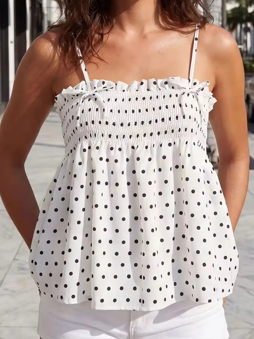 Women Summer Camisole Tops Dots Print Spaghetti Strap Bow Babydoll Vest for Party Club Daily Tank Tops