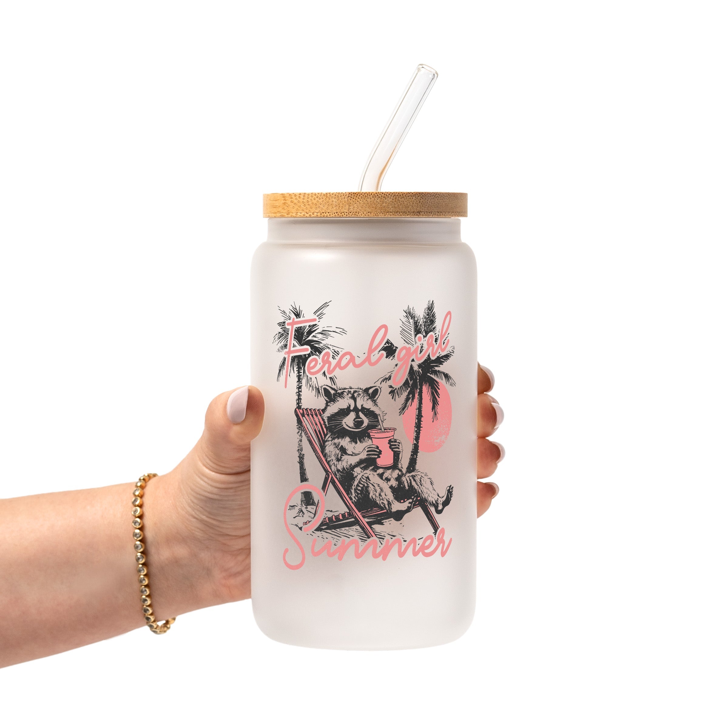 Feral Girl Summer Raccoon Glass Cup