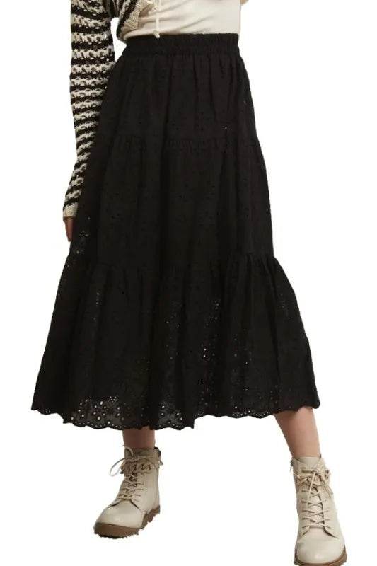 ADORA Elastic Waistband Tiered Midi Skirt