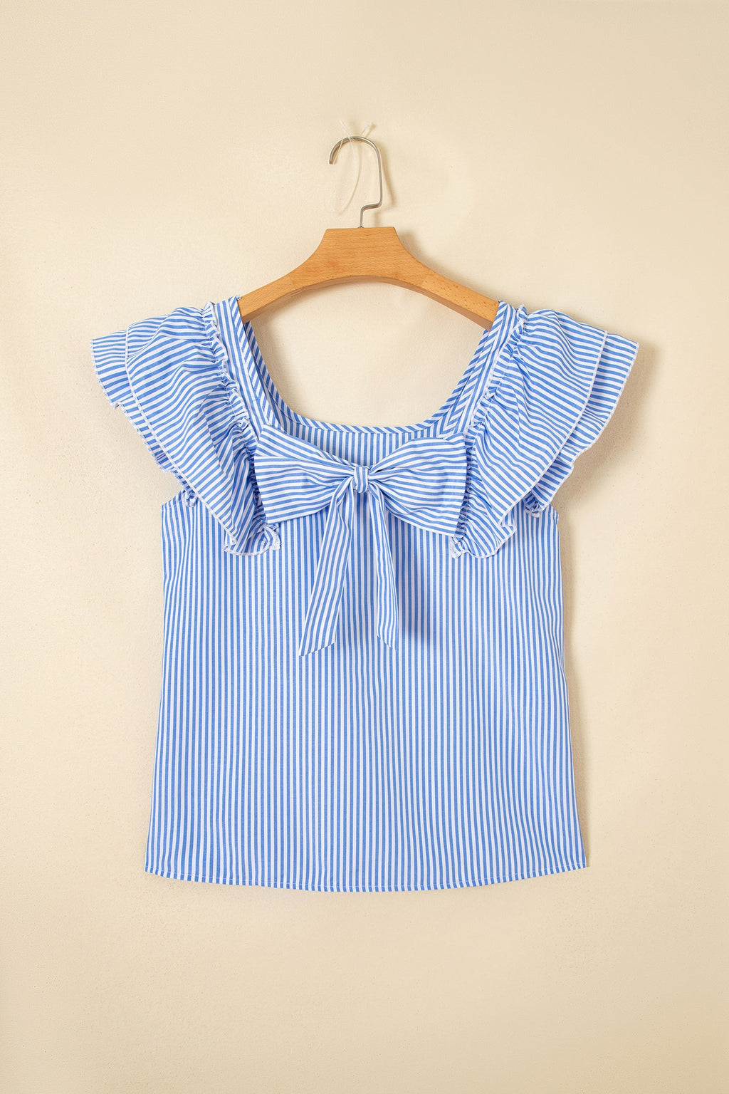 Sky Blue Stripe Square Neck Bow Decor Frilly Ruffled Short Sleeve Blouse