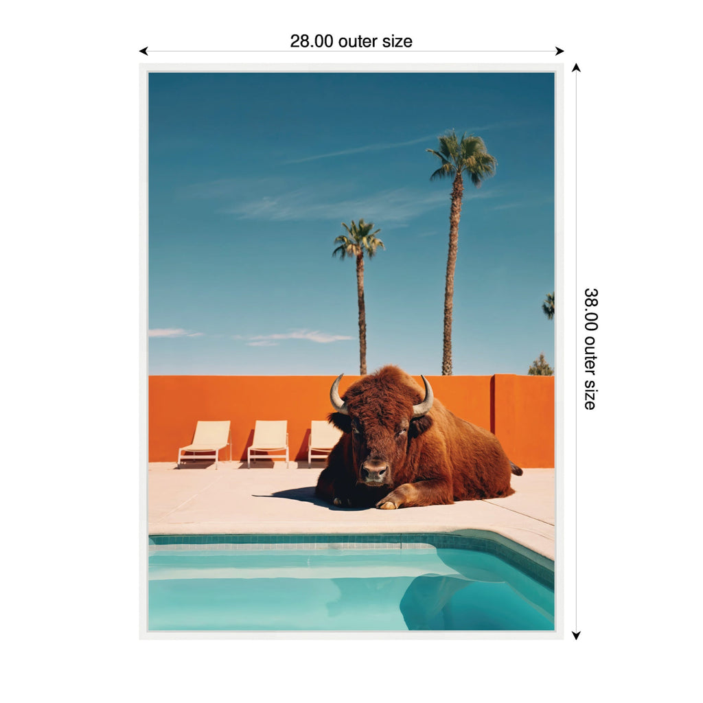 Sylvie Bison Chilling by the Pool in California Framed Canvas by Michael Schauer