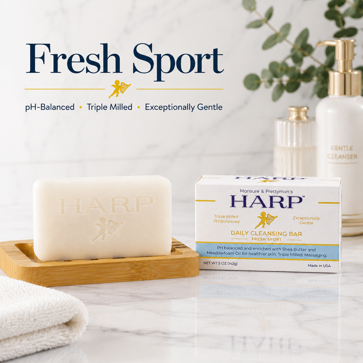 HARP® Fresh Sport Body Wash Bar – pH Balanced (5.0–6.0) Syndet Cleanser, Soap-Free & No Lye, Non-Comedogenic, Gentle for Sensitive & Dry Skin, With Shea Butter & Borage Oil