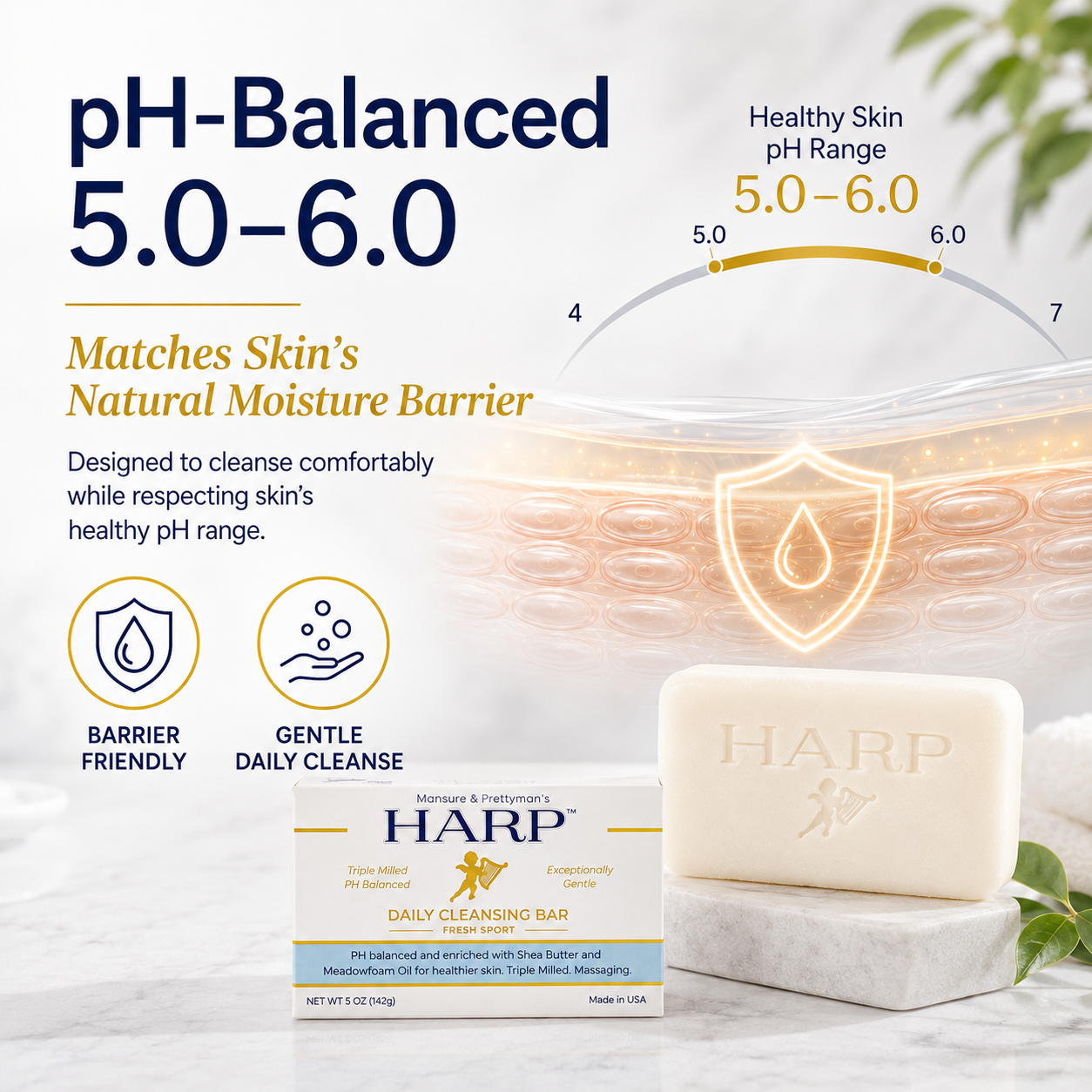 HARP® Fresh Sport Body Wash Bar – pH Balanced (5.0–6.0) Syndet Cleanser, Soap-Free & No Lye, Non-Comedogenic, Gentle for Sensitive & Dry Skin, With Shea Butter & Borage Oil