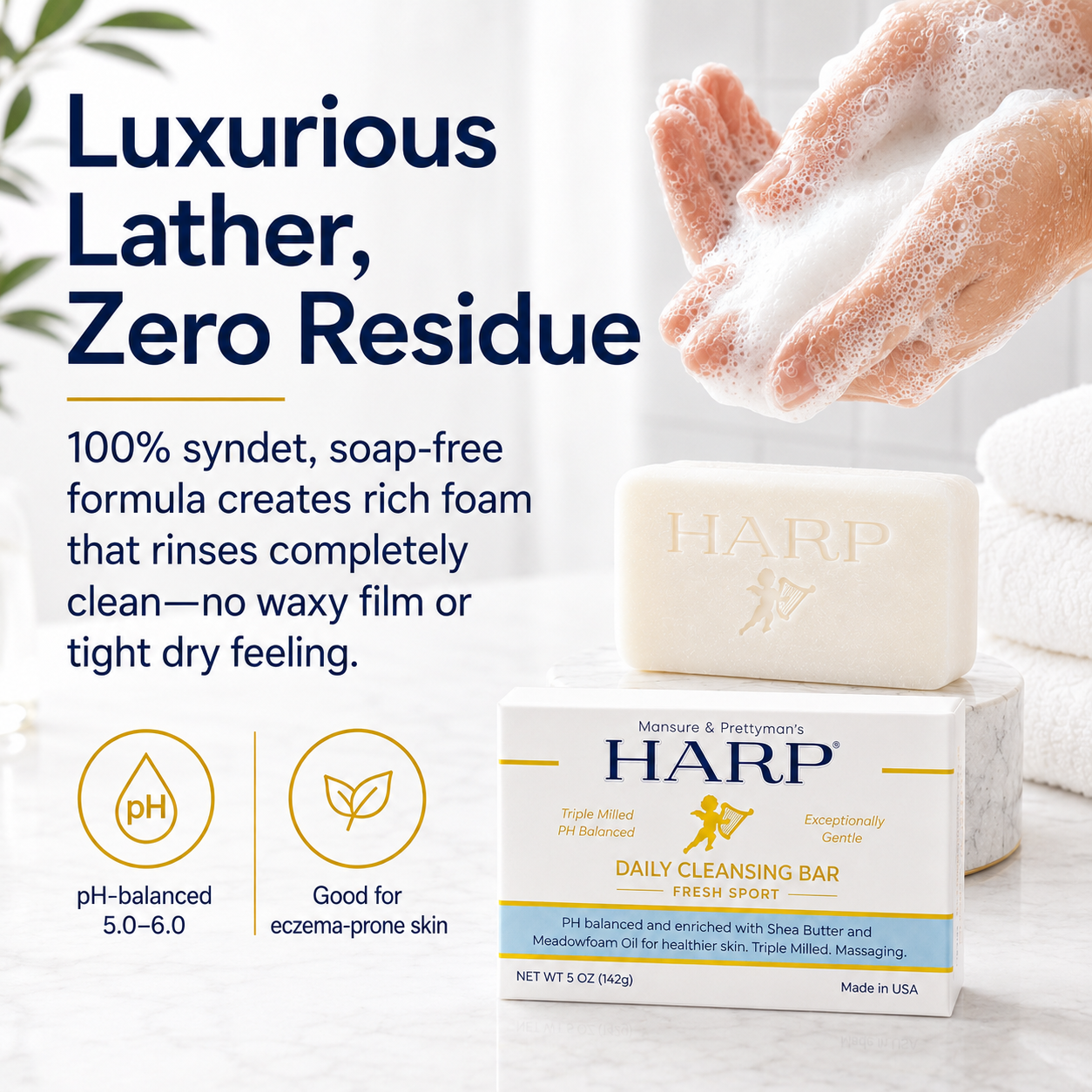 HARP® Fresh Sport Body Wash Bar – pH Balanced (5.0–6.0) Syndet Cleanser, Soap-Free & No Lye, Non-Comedogenic, Gentle for Sensitive & Dry Skin, With Shea Butter & Borage Oil