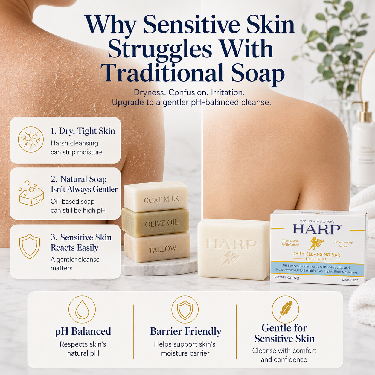 HARP® Fresh Sport Body Wash Bar – pH Balanced (5.0–6.0) Syndet Cleanser, Soap-Free & No Lye, Non-Comedogenic, Gentle for Sensitive & Dry Skin, With Shea Butter & Borage Oil