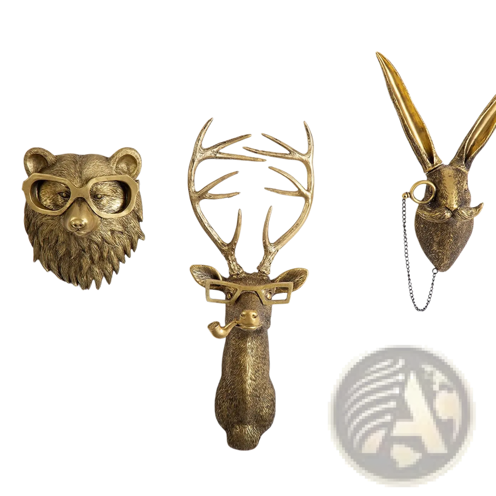 Animal Head Wall Decor Brass Resin Figurines with Glasses