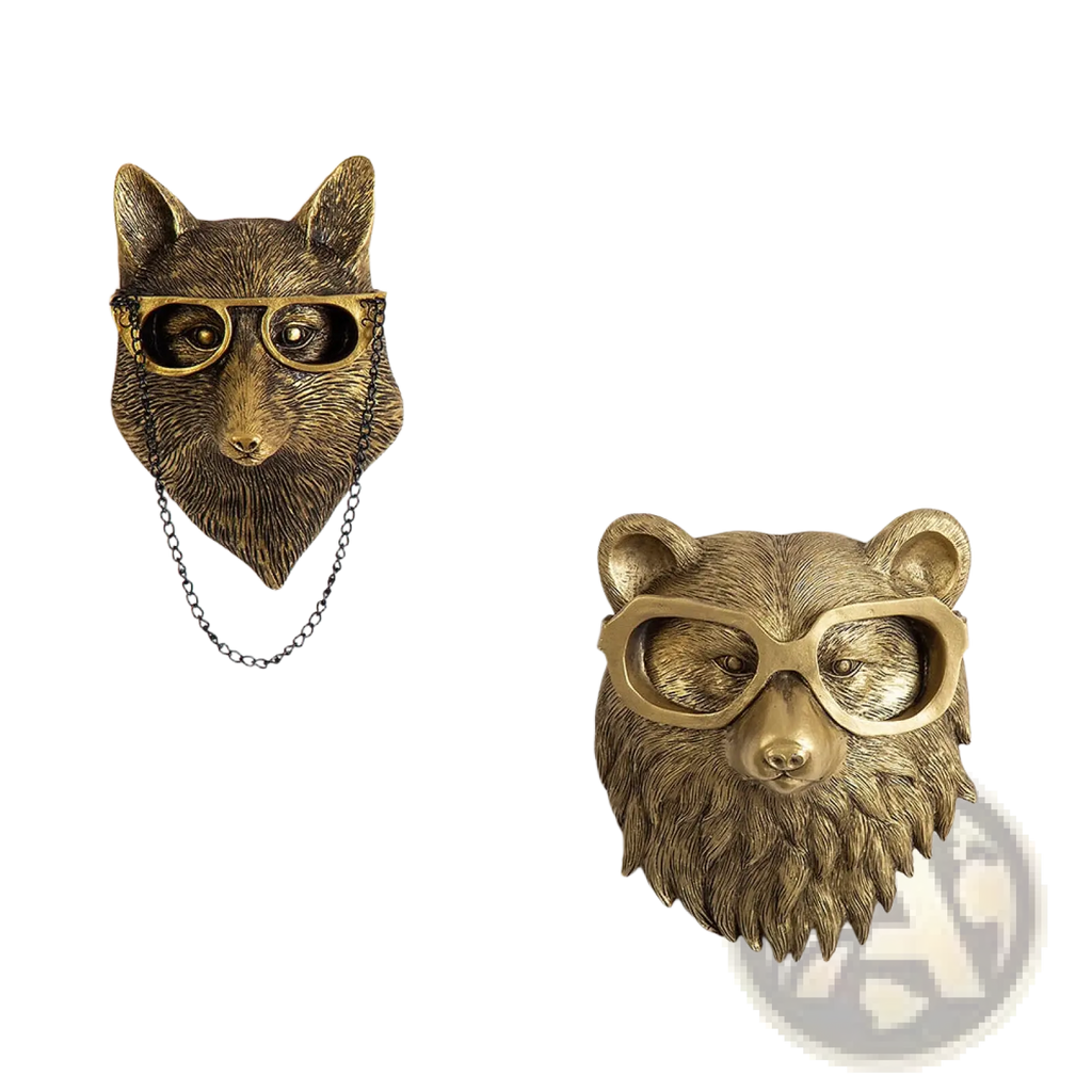Animal Head Wall Decor Brass Resin Figurines with Glasses