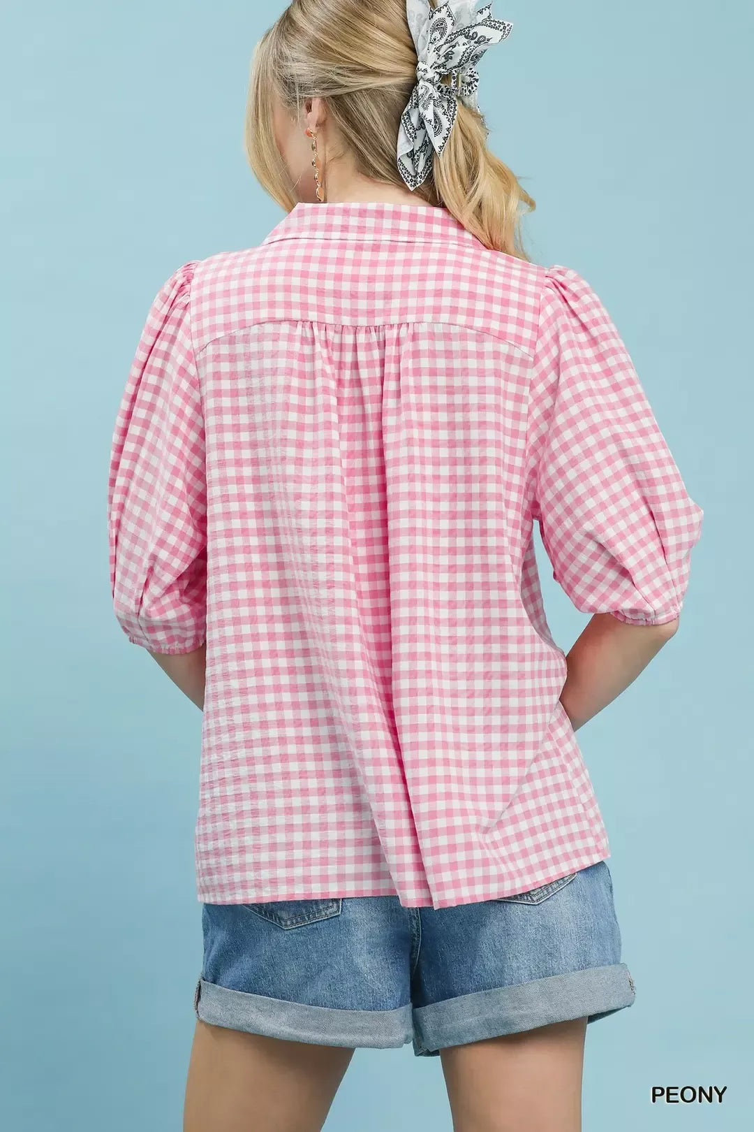 Umgee Gingham Puff Sleeve Collared Blouse in Pink
