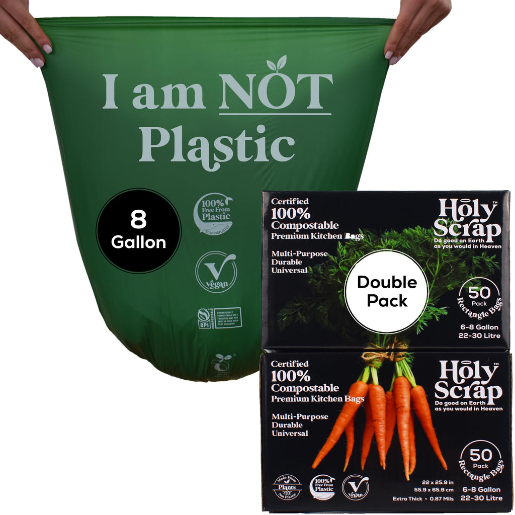 HOLY SCRAP! Medium Compostable Trash Bags - 6-8 Gallon 100 Pack | Odorless Plastic-Free & Decomposing Kitchen Bathroom & Countertop Garbage Bag & Liners | Thick Bin Bags for Green & Food Waste