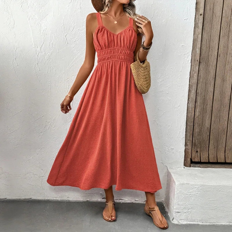 Women Dresses Solid Dress Pleated Camisole V Neck Sleeveless Ankle Length Cinched Empire Waist Casual Loose Fit 2026 Summer