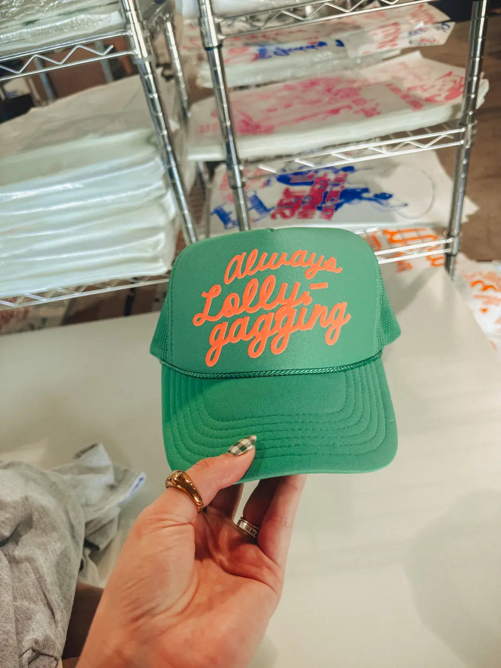 Underground Original Design: Always Lollygagging, (Coral) PUFF Trucker Hat
