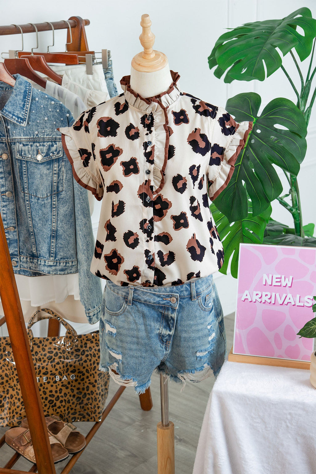 Khaki Leopard Printed Ruffle Sleeve Summer Blouse