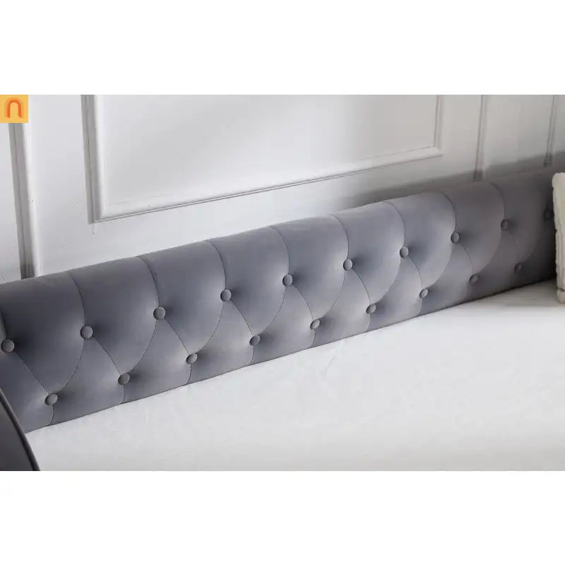 Bed Frame Daybed Velvet Gray Twin Trundle USB Port Side Pockets