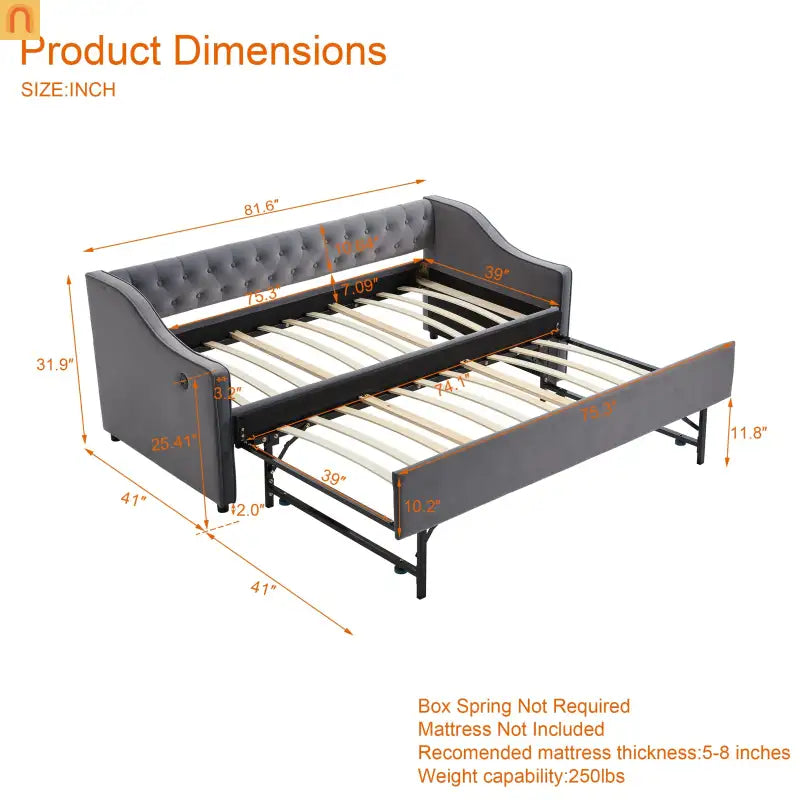 Bed Frame Daybed Velvet Gray Twin Trundle USB Port Side Pockets