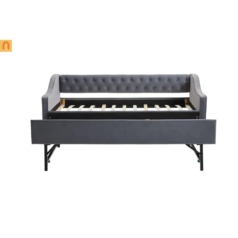 Bed Frame Daybed Velvet Gray Twin Trundle USB Port Side Pockets