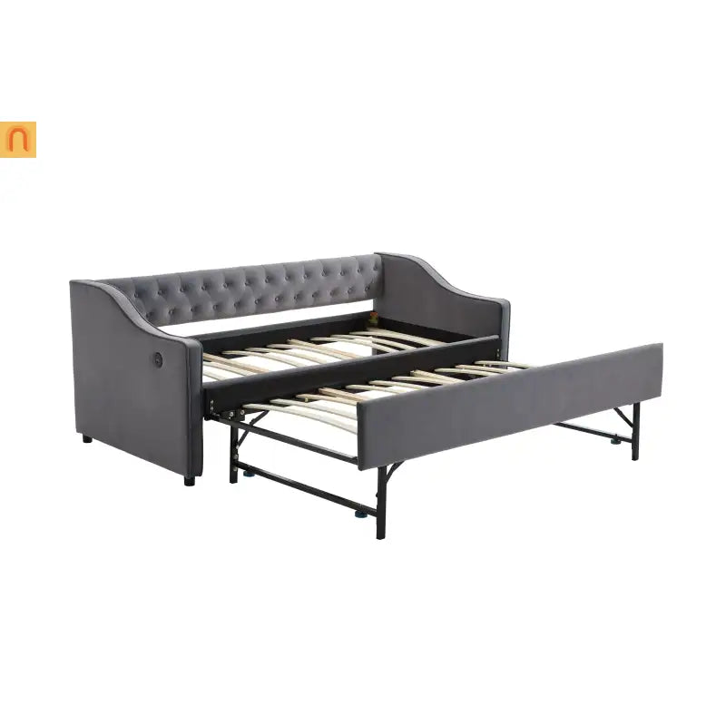Bed Frame Daybed Velvet Gray Twin Trundle USB Port Side Pockets