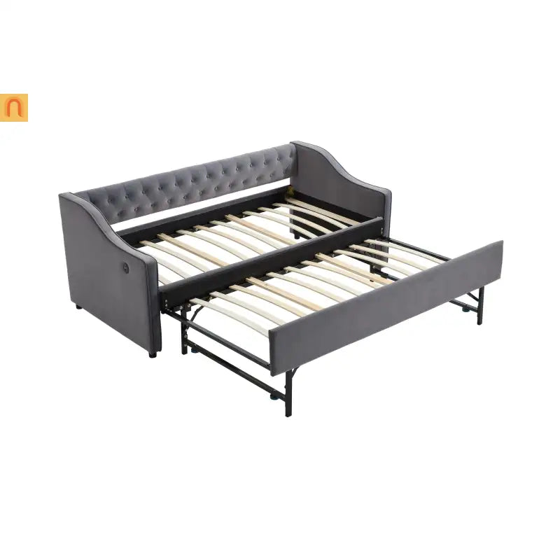 Bed Frame Daybed Velvet Gray Twin Trundle USB Port Side Pockets
