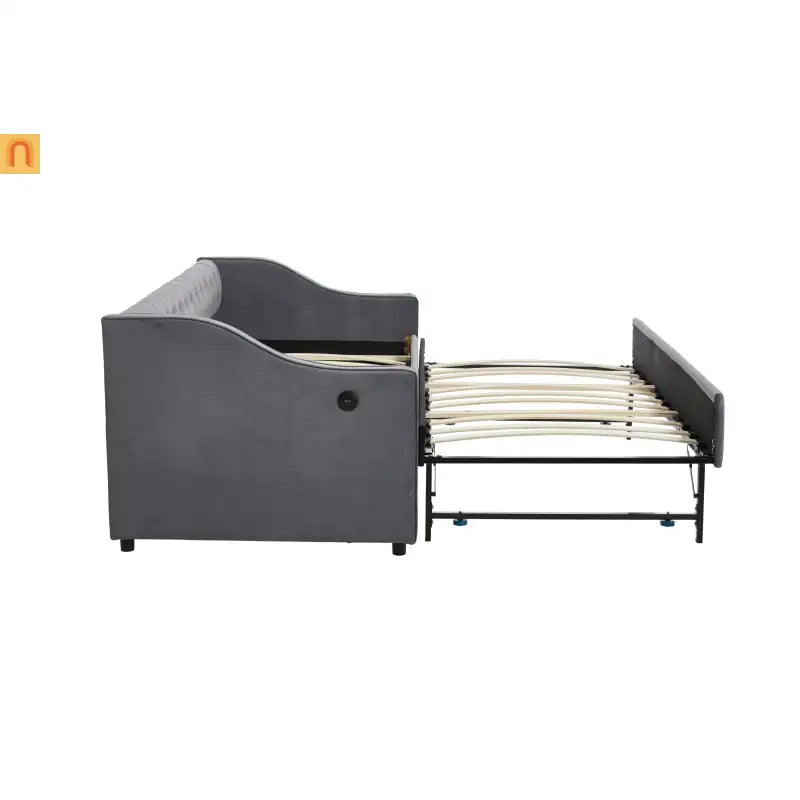 Bed Frame Daybed Velvet Gray Twin Trundle USB Port Side Pockets