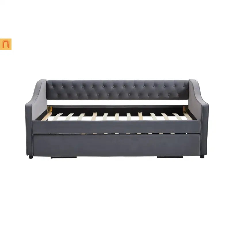 Bed Frame Daybed Velvet Gray Twin Trundle USB Port Side Pockets