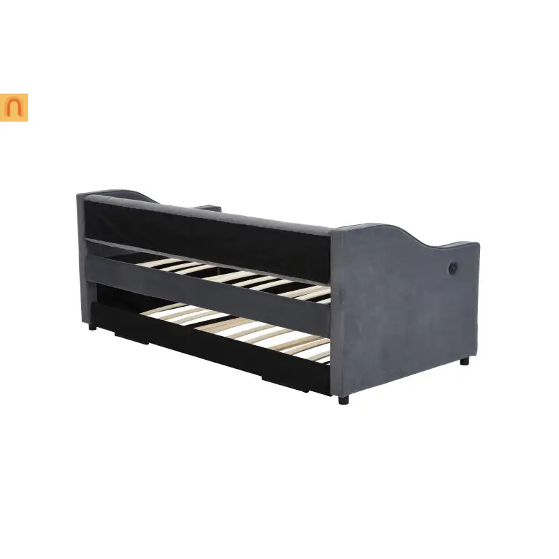 Bed Frame Daybed Velvet Gray Twin Trundle USB Port Side Pockets