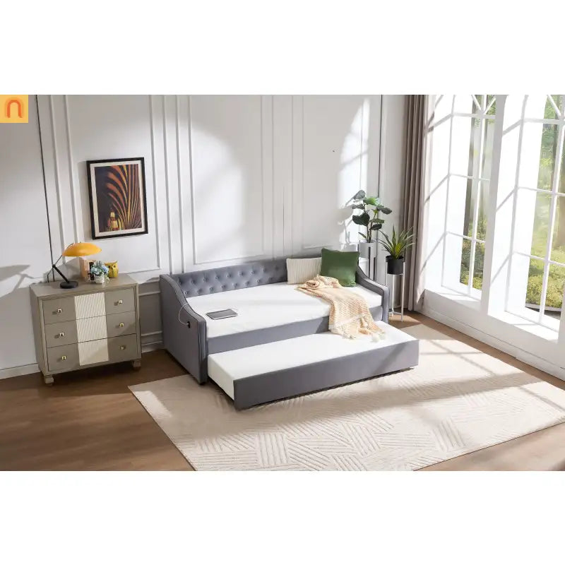 Bed Frame Daybed Velvet Gray Twin Trundle USB Port Side Pockets
