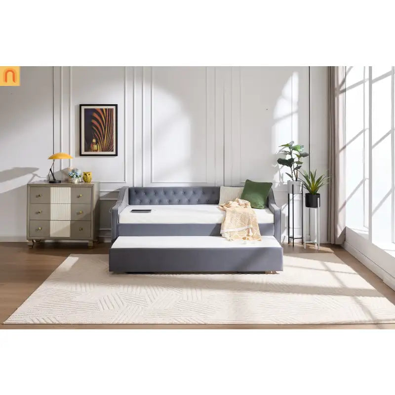 Bed Frame Daybed Velvet Gray Twin Trundle USB Port Side Pockets