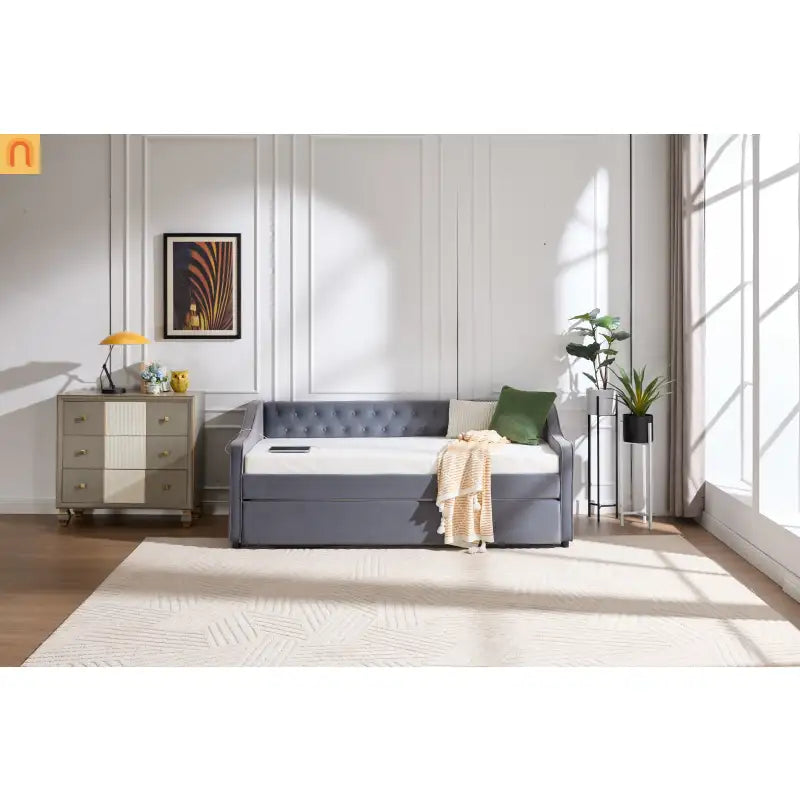 Bed Frame Daybed Velvet Gray Twin Trundle USB Port Side Pockets