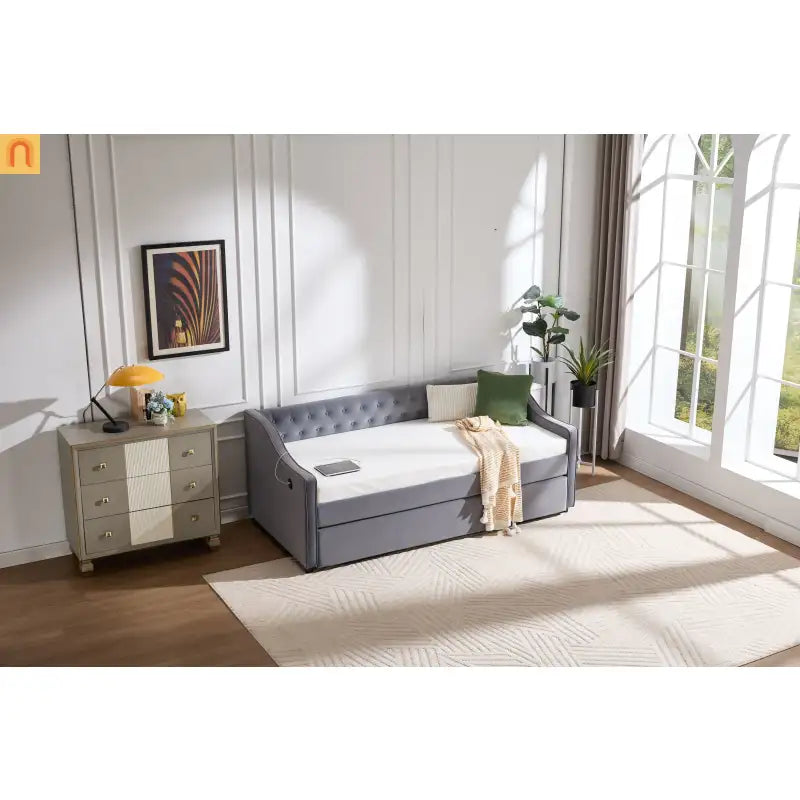 Bed Frame Daybed Velvet Gray Twin Trundle USB Port Side Pockets